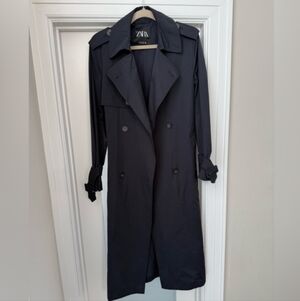 Zara Dark Navy Trench Overcoat Sz Small MINT condition Lux!